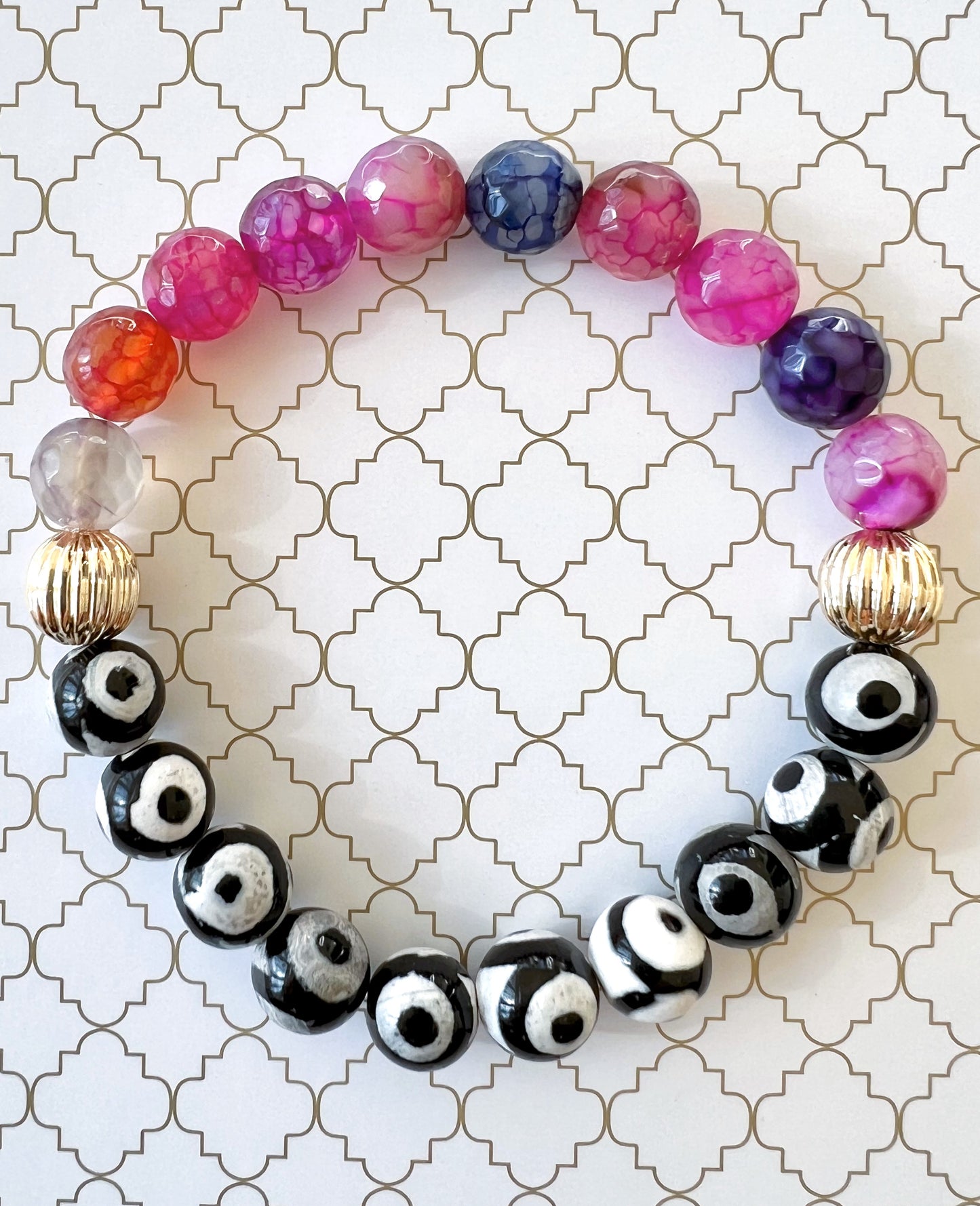 Tibetan Eye Natural Agate and Multicolor Faceted Agate in Gold