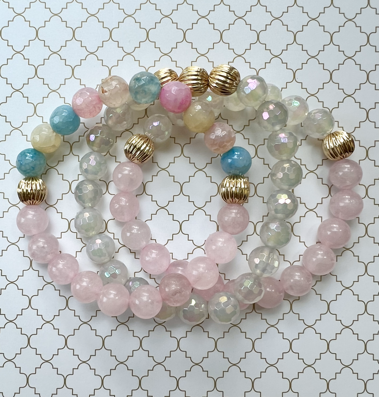 Pink Jade and Iridescent Agate in Gold