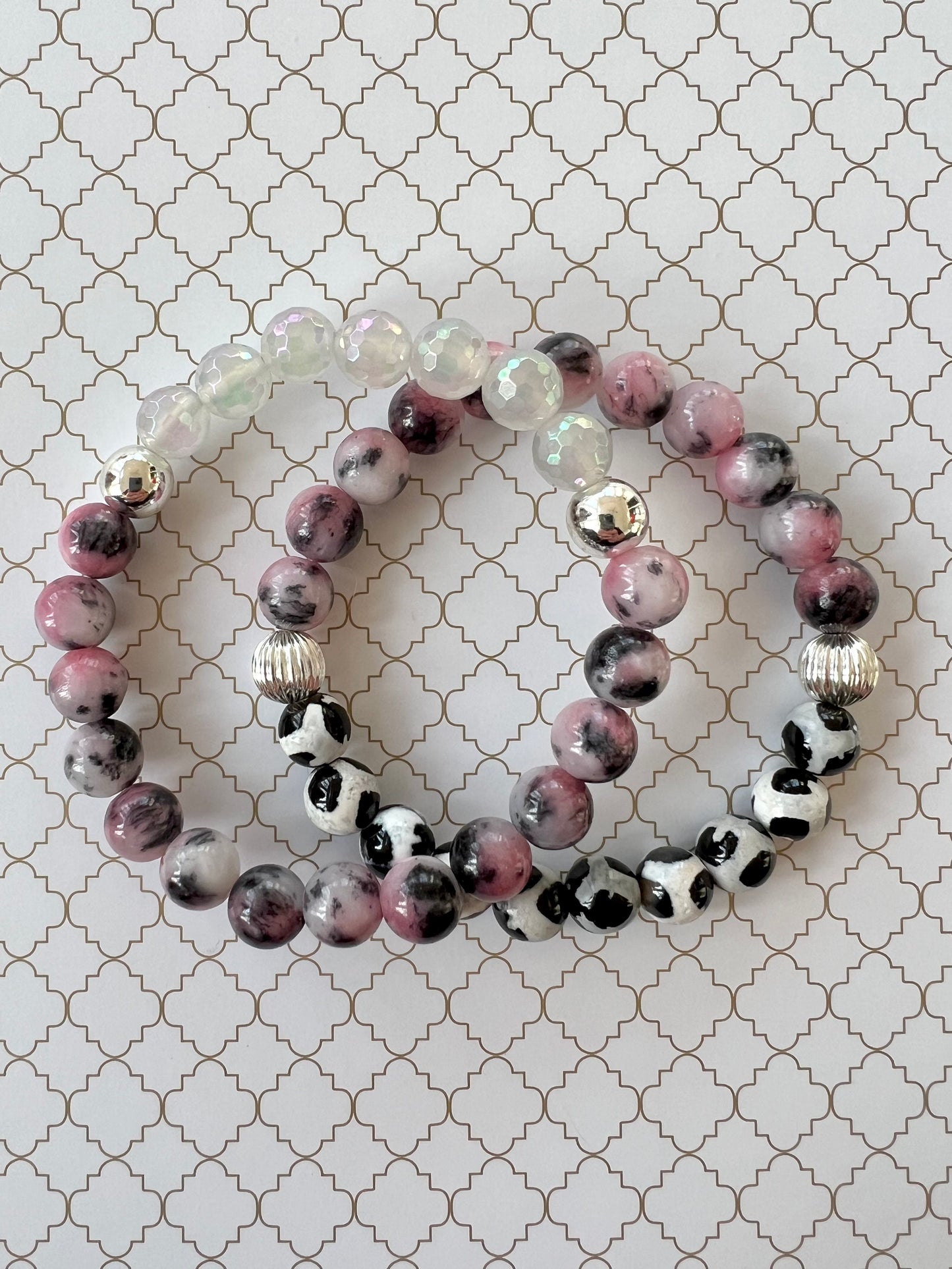 Iridescent Agate and Pink Persian Jade in Silver