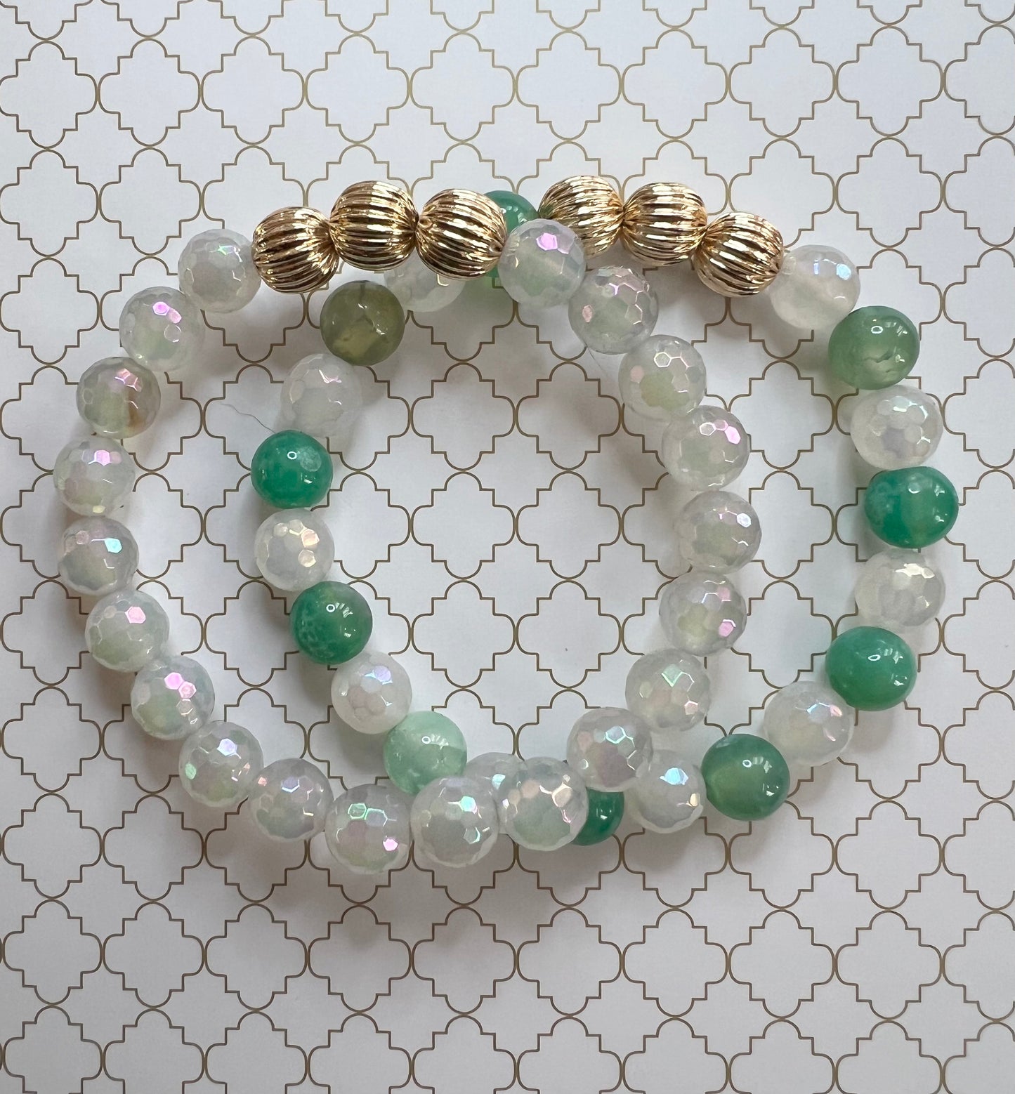 Sea Green Fire Crackle Agate and Iridescent Agate in Gold