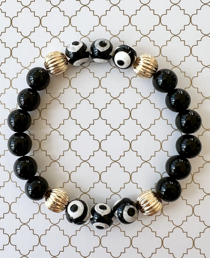 Tibetan Eye Natural Agate and Natural Black Onyx in Gold