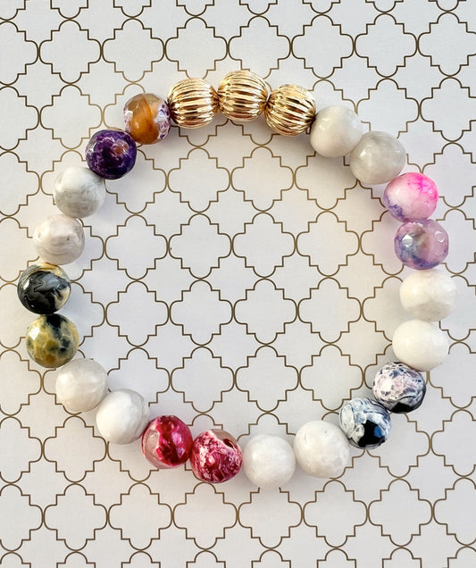 Fire Crackle Multicolor Agate and White Agate in Gold