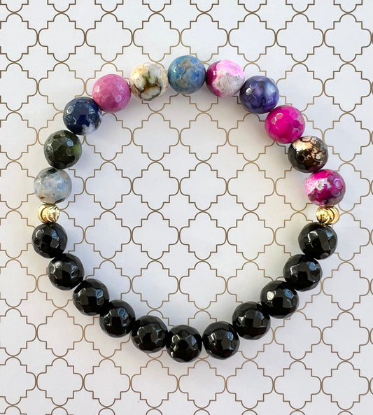 Black Multicolor Faceted Agate and Faceted Black Jade in Gold