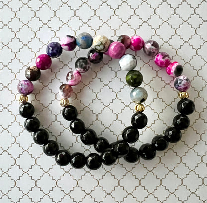 Black Multicolor Faceted Agate and Faceted Black Jade in Gold