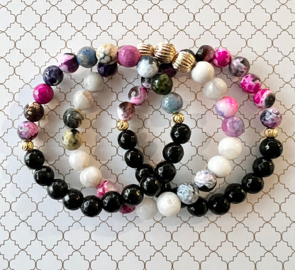 Black Multicolor Faceted Agate and Faceted Black Jade in Gold